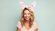 Image of young woman wearing an Easter rabbit headband with ears.