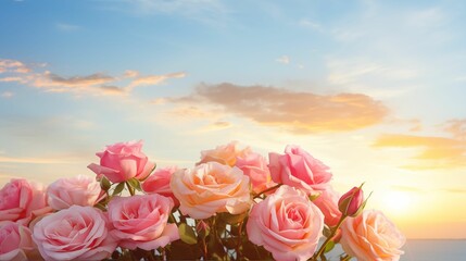 Wall Mural - Pink flowers on the sky background.
