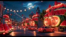 A Watermelon City Comes To Life At Night Where Watermelon Cars Drive On Watermelon Roads Watermelon Buildings Illuminate The Sky And Even The Street Lamps Are Shaped Like