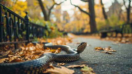 Poster - A snake is on the ground in a park. Generative AI.