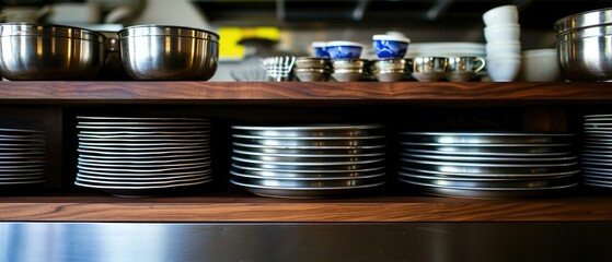 Sticker - A wooden shelf with a bunch of plates and bowls. Generative AI.