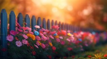 Pastel Florals Along A Wooden Fence In Nostalgic Setting. Made With Generative AI Technology