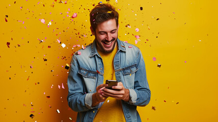 Happy young man using his smart phone with confetti