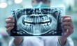 A person holding up a x - ray image of a tooth. Generative AI.