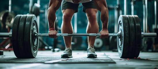 Wall Mural - A fit, muscular man places a heavy weight on a barbell for intense gym training.