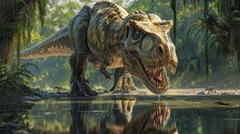 A Majestic Tyrannosaurus Rex Bends Down To Take A Sip From A Pond Its Reflective Surface Mirroring The Dinosaurs Powerful Jaws.