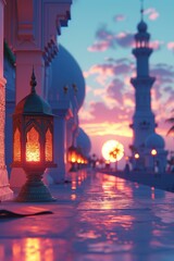 Wall Mural - An Eid al-Fitr lantern and a small mosque, symbolizing the joyous celebration of the Islamic holiday.