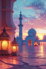 Wall Mural - An Eid al-Fitr lantern and a small mosque, symbolizing the joyous celebration of the Islamic holiday.