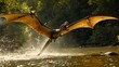 A large pterodactyl soaring over the river using its sharp beak to pluck tasty insects from the waters surface.