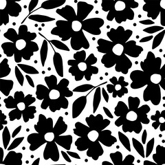 Wall Mural - Simple floral black and white vector seamless pattern. Silhouette of flowers, leaves. For fabric prints, textile products, packaging, stationery.