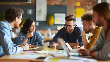 Diverse group of creative colleagues talking at casual meeting