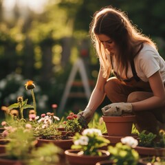 woman planting flowers in the garden