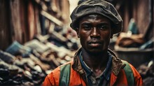 Portrait Of Young Black African Man Working As Garbage Collector From Generative AI