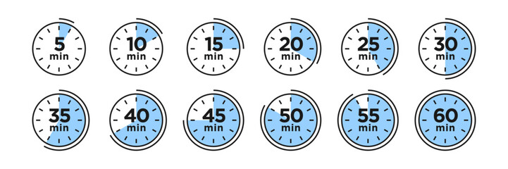 timer, clock, stopwatch isolated set icons. countdown timer symbol icon set. label cooking time. vec