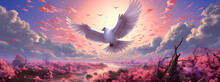 Illustration Drawing Of A White Bird Flying In The Sky. The Overall Picture Has A Beautiful Pink Tone. It Represents Freedom That Everyone Desire, Hopes, Dreams And The Spirit That Yearns For Freedom.