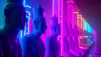 Poster - The stoic statues of an ancient civilization now illuminated by rainbow neon lights.