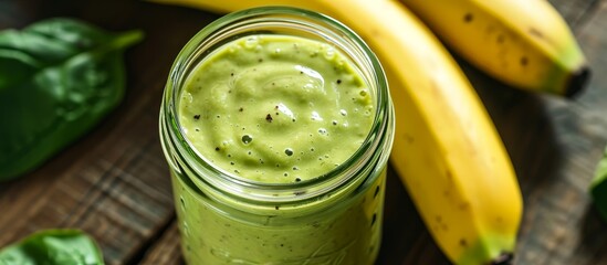 Sticker - Banana and Matcha tea combined in a glass jar create a nourishing smoothie.