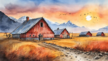 Rustic Charm: Watercolor Sunset And Barn In The Mountains