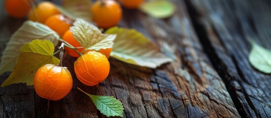 Canvas Print - Selective focus on front physalis against a dark wood background.