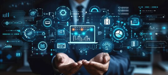 Businessman with concept of digital marketing e-commerce technology. Generative AI technology.