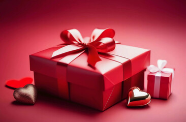 Wall Mural - A red gift box with a bow and hearts. Generative AI