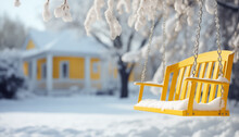 Swing On A Snowy Day In Front Of An American House