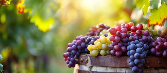 Poster - Assorted vibrant grapes on wine barrel in sunny outdoor garden.