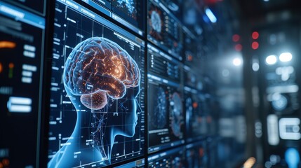 Wall Mural - Human brain and electronic screen on display Healthcare with Advanced AI Technology