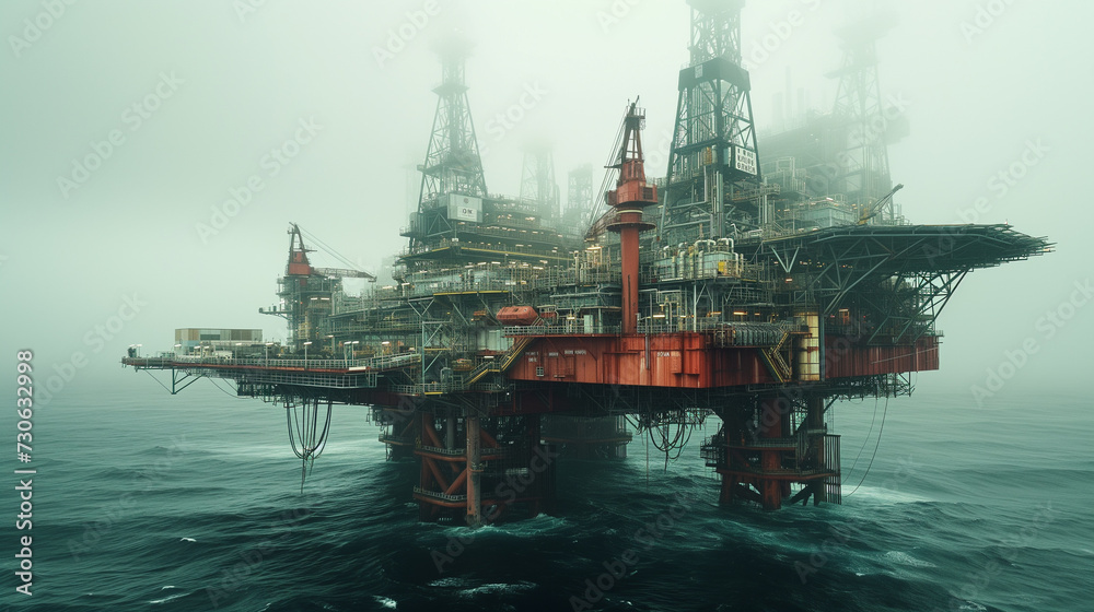 Shady Oil Rig An offshore oil rig stands resilient against the dark, stormy seascape ...
