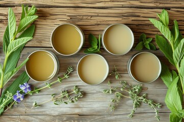 tin containers of herbal salves are arrayed on a rustic wooden background, surrounded by fresh aroma