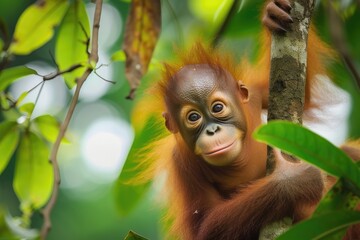 Wall Mural - Baby orangutan in his natural environment in the rainforest