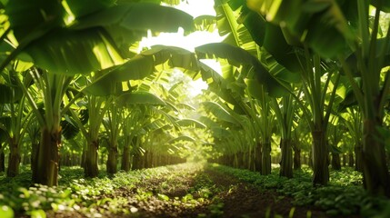 Wall Mural - Banana tree plantation in nature with daylight. Industrial scale banana cultivation for worldwide export.