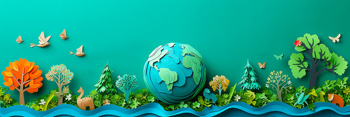 Wall Mural - Image with earth on background of nature and animals made of paper