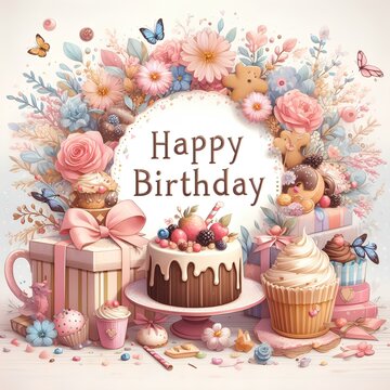 Happy birthday card design for woman with flowers, cake, and present