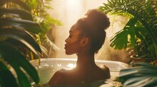 A Serene African Woman Enjoying A Tranquil Moment In A Sunlit Outdoor Bathtub Surrounded By Lush Greenery, Embodying A Peaceful And Private Escape.