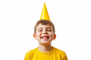 boy child in yellow festive cone and t-shirt, smile, on pastel background