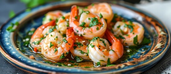 Poster - Shrimp cooked with garlic and parsley served on a ceramic plate.