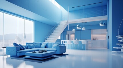 Poster - Blue Monochrome Modern House Furniture Interior Living Room. Generative AI