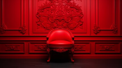 Wall Mural - Red Chair with Red Wall, Red Modern House Monochrome Furniture. Generative AI