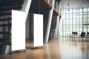 mockup of two roll-up empty white standee banner in modern office hall, copy space