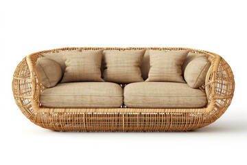Sticker - Generate a full-body, front, and close-up view of a Boho-inspired sofa made of rattan with natural-colored cushions. Infuse the design with Bohemian patterns and elements.