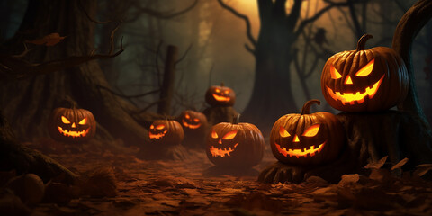 Jack o lanterns deconstructed and reassembled in a fragmented yet harmonious composition showcasing. Ai generated