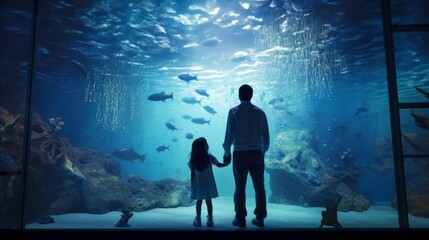 Wall Mural - Rear view Silhouettes of a father and daughter admiring and watching a variety of marine life, whale sharks and fish in a large aquarium. Entertainment, fun weekend concepts.