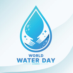 World water day - Two hand hold hug blue drop water sign with water droplets on wave texture background vector design