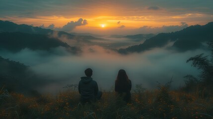 Couple traveler drink coffee joy nature view scenic foggy landscape mountain, Attraction famous rural family tourist travel Ratchaburi Thailand holiday vacation, Tourism beautiful destination Asia