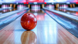 Fototapeta  - Bowling ball rolling towards pins at the end.