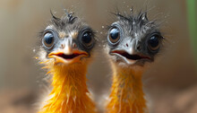 Curious Ostrich Chicks With Big Eyes And Wet Feathers