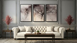 Fototapeta  - Elegant White Sofa with Moulding in Living Room, Big Mockup Poster Frames