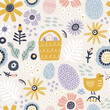 Seamless pattern with Easter symbols and different flowers.