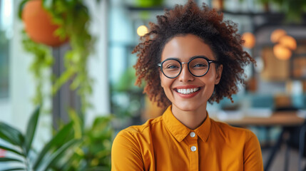 Wall Mural - Portrait of a cute brown young woman inside an office. She's happy and smiling while. Professional relaxed headshot.